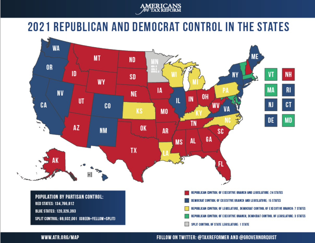 2021 Map Republicans to Have Full Control of 24 States, Democrats 15